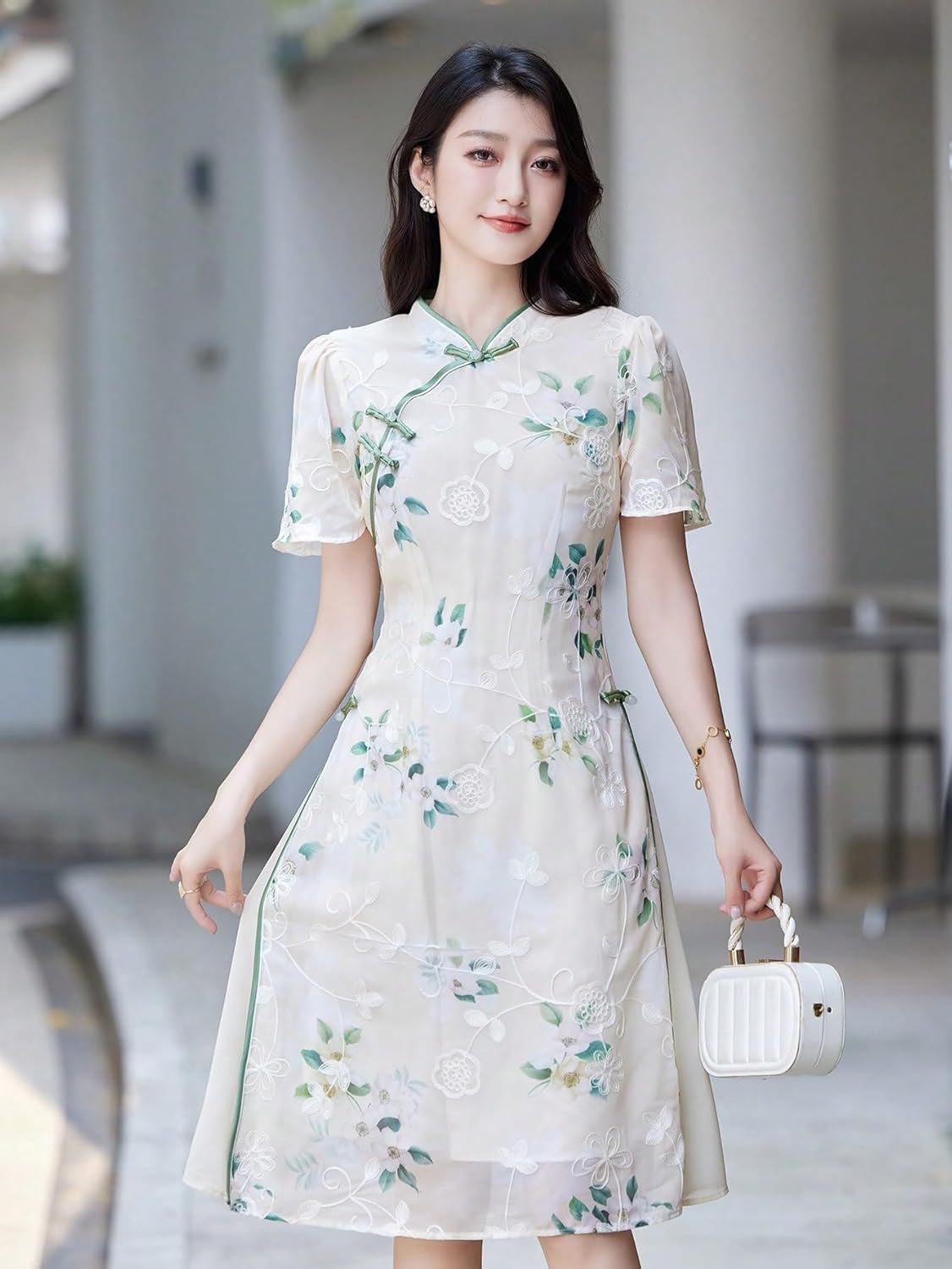 CHAANG] 女性のためのドレス 花柄プリント マンダリンカラー